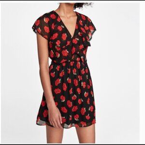 Zara Black Red Floral Flowy V‎ Neck Dress Self Tie Wrap Belt Ruffle Sleeves Med